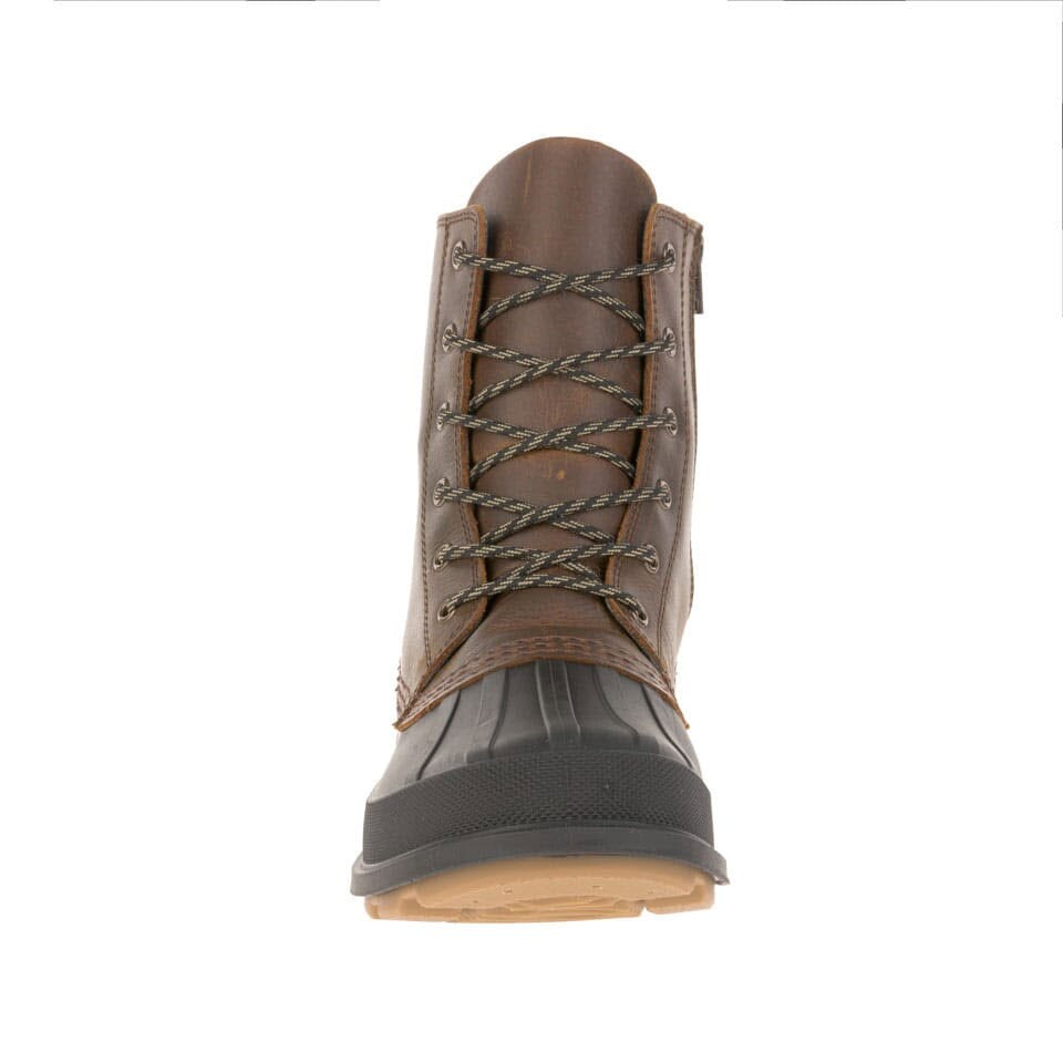 A single brown and gray Kamik Lawrence L men&#39;s winter boot viewed from the front, featuring waterproof construction.