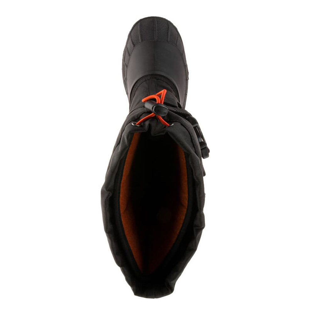 Top-down view of a Kamik Cody XT Black winter boot with orange accents, featuring waterproof insulated design.