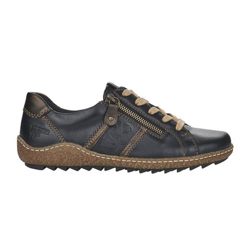 Casual men's leather sneaker with side zipper, lace-up closure, and waterproof Remonte Tex.