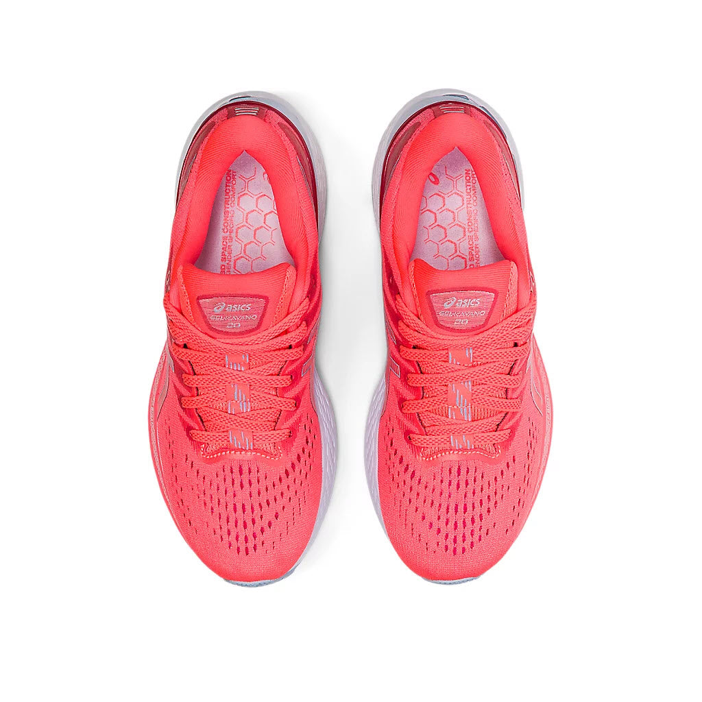 A pair of red Asics Gel-Kayano 28 BLAZING CORAL/MIST running shoes viewed from above.