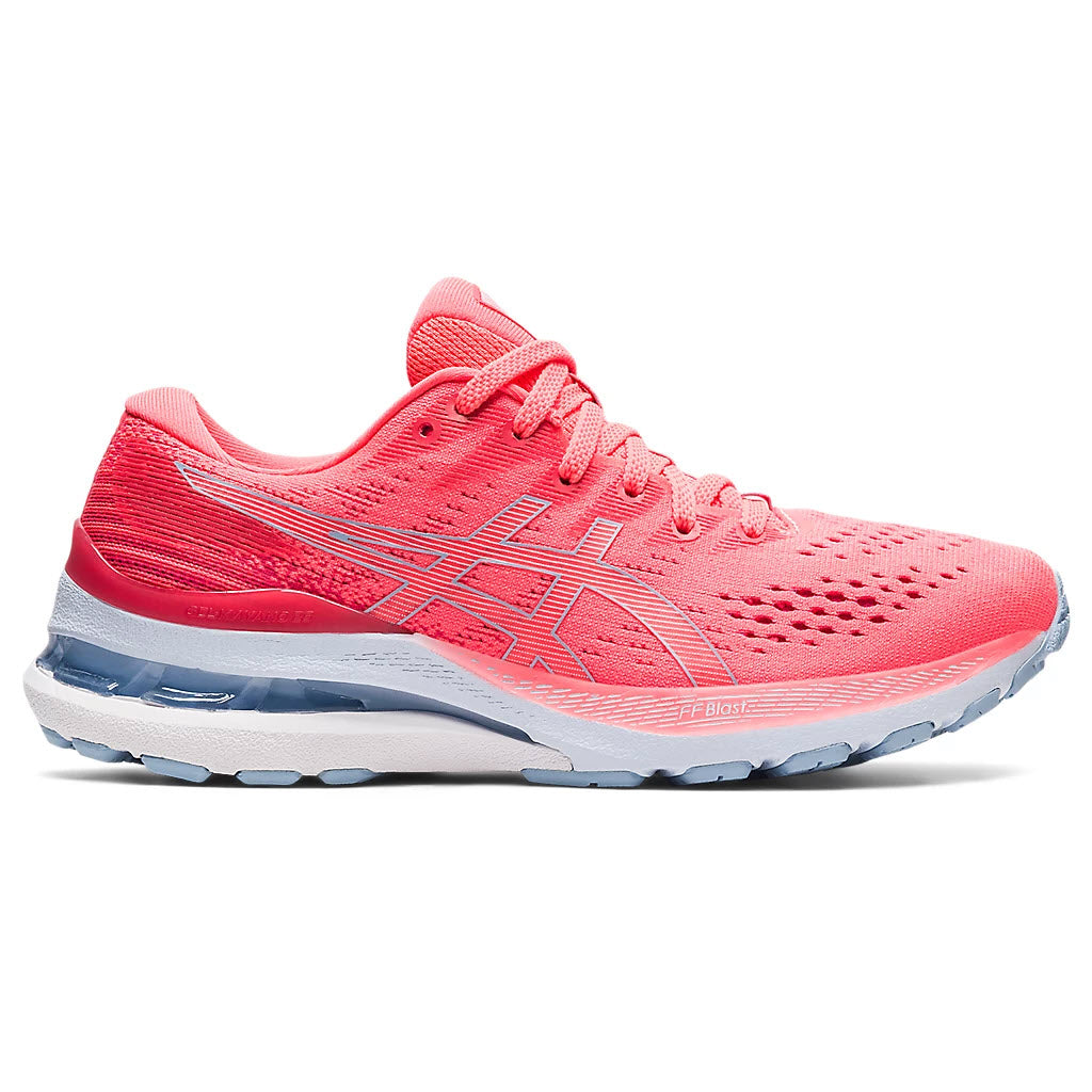 A single pink Asics Gel Kayano 28 running shoe with a visible cushioning system.
