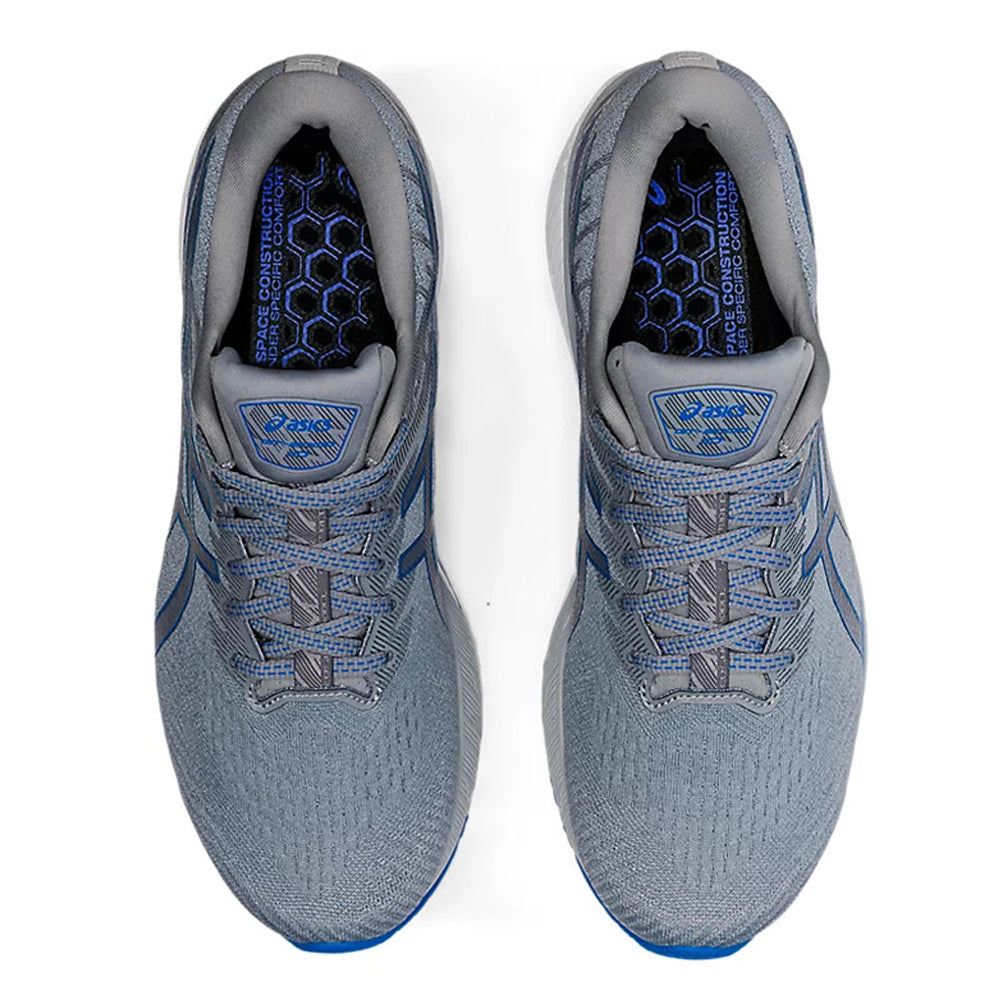 A pair of Asics GT 2000 10 Sheet Rock/Electric blue sneakers viewed from above.