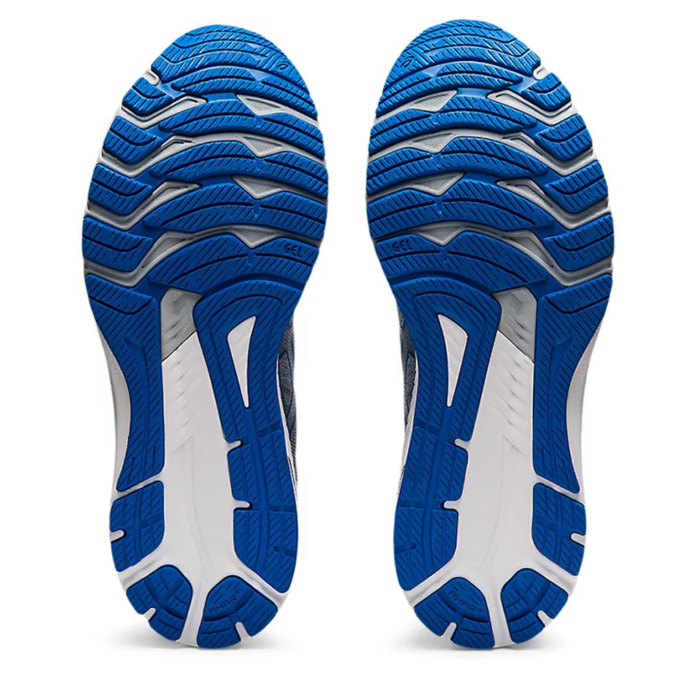 Pair of Asics GT 2000 10 SHEET ROCK/ELECTRIC BLUE - MENS running shoes viewed from the sole showing tread pattern and Rearfoot and Forefoot GEL® Technology Cushioning System.