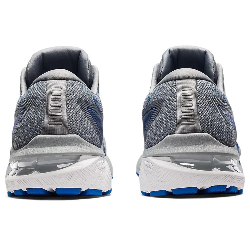 Rear view of a pair of gray and blue Asics GT 2000 10 SHEET ROCK/ELECTRIC BLUE athletic shoes with transparent soles.