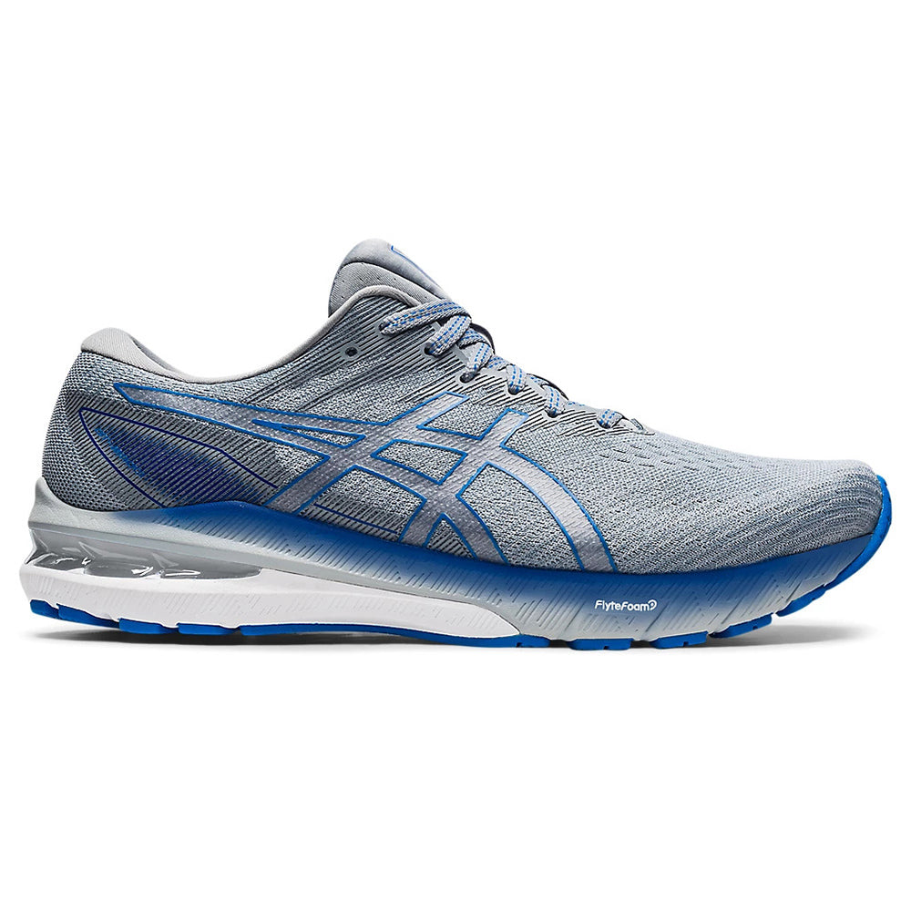 Gray and blue Asics GT 2000 10 SHEET ROCK/ELECTRIC BLUE - MENS running shoe with a white sole.
