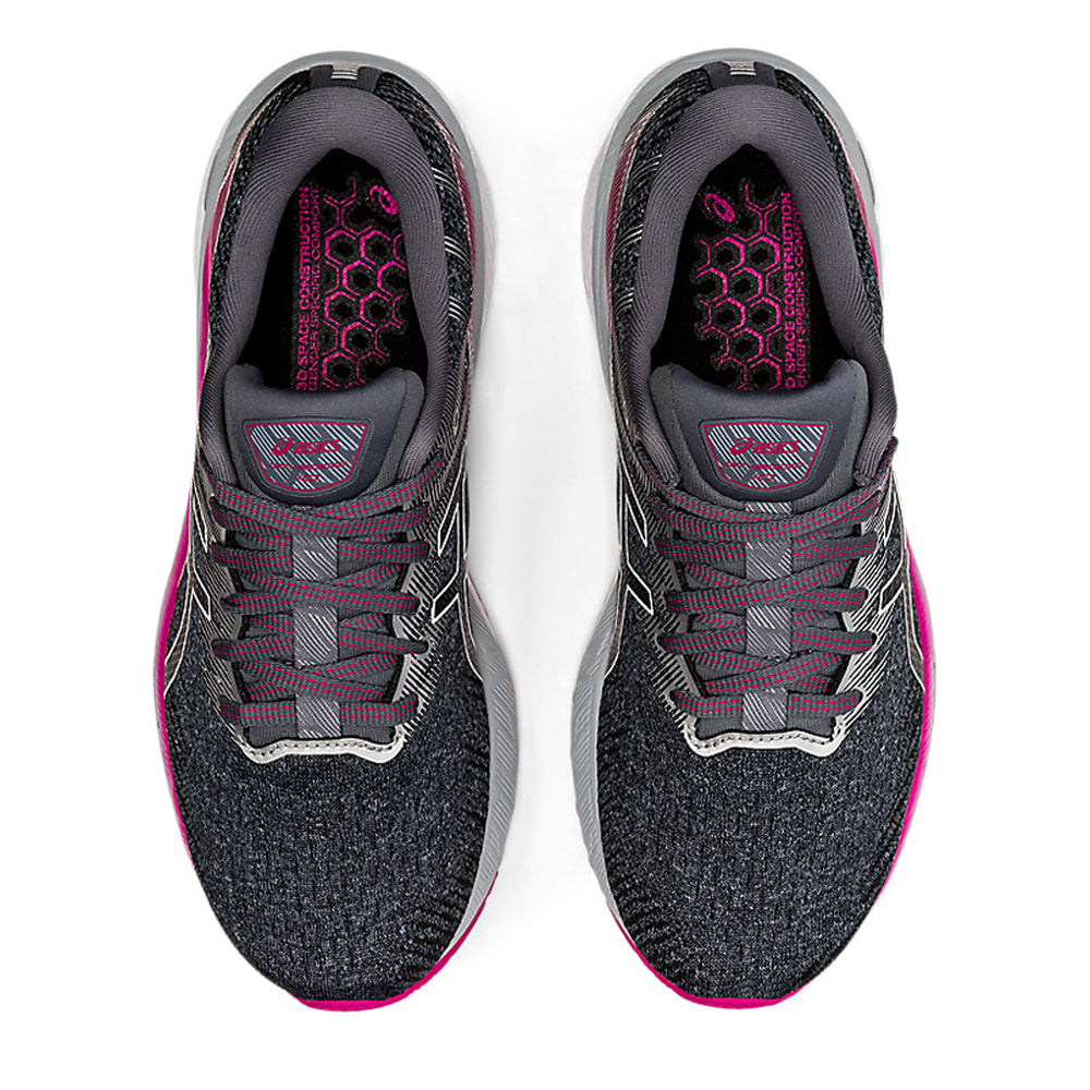 A pair of black Asics GT 2000 10 SHEET ROCK/PINK RAVE athletic shoes with pink detailing, viewed from above.