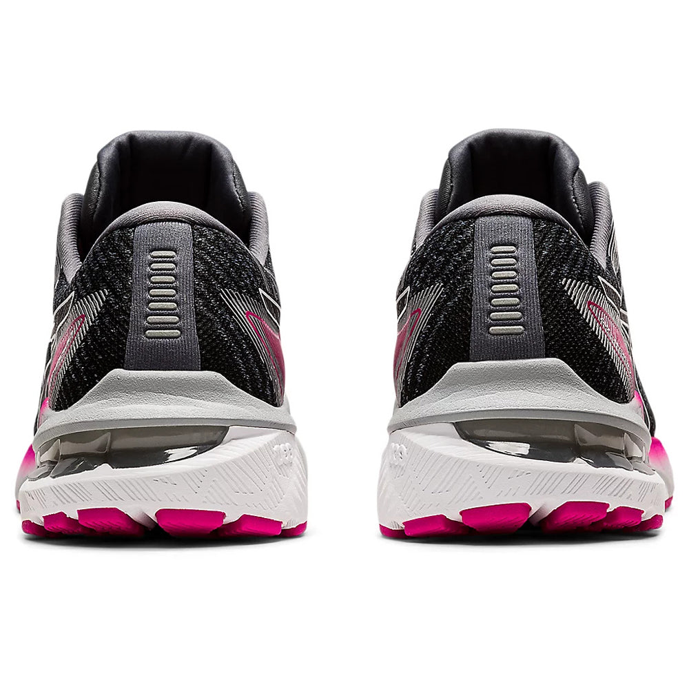 A rear view of a pair of black and pink Asics GT 2000 10 SHEET ROCK/PINK RAVE running shoes with a white sole.