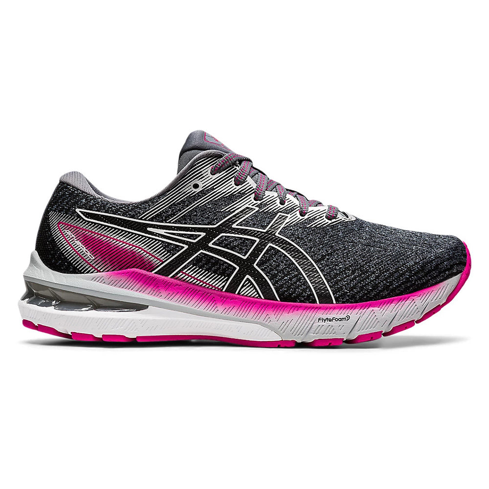 A women&#39;s Asics ASICS GT 2000 10 SHEET ROCK/PINK RAVE running shoe with a black and white upper and pink accents.