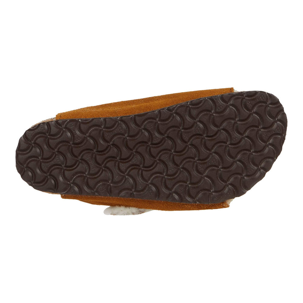 A side view of a brown Birkenstock Arizona Shearling Mink shoe with a patterned sole.