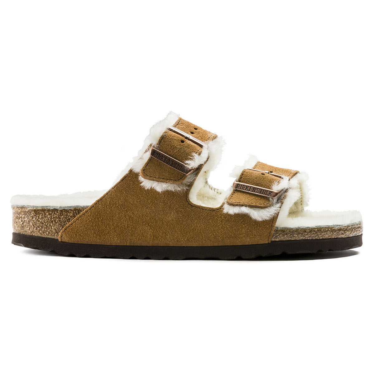 Furry brown Birkenstock Arizona Shearling Mink sandal with two adjustable straps and a white lining on a white background.