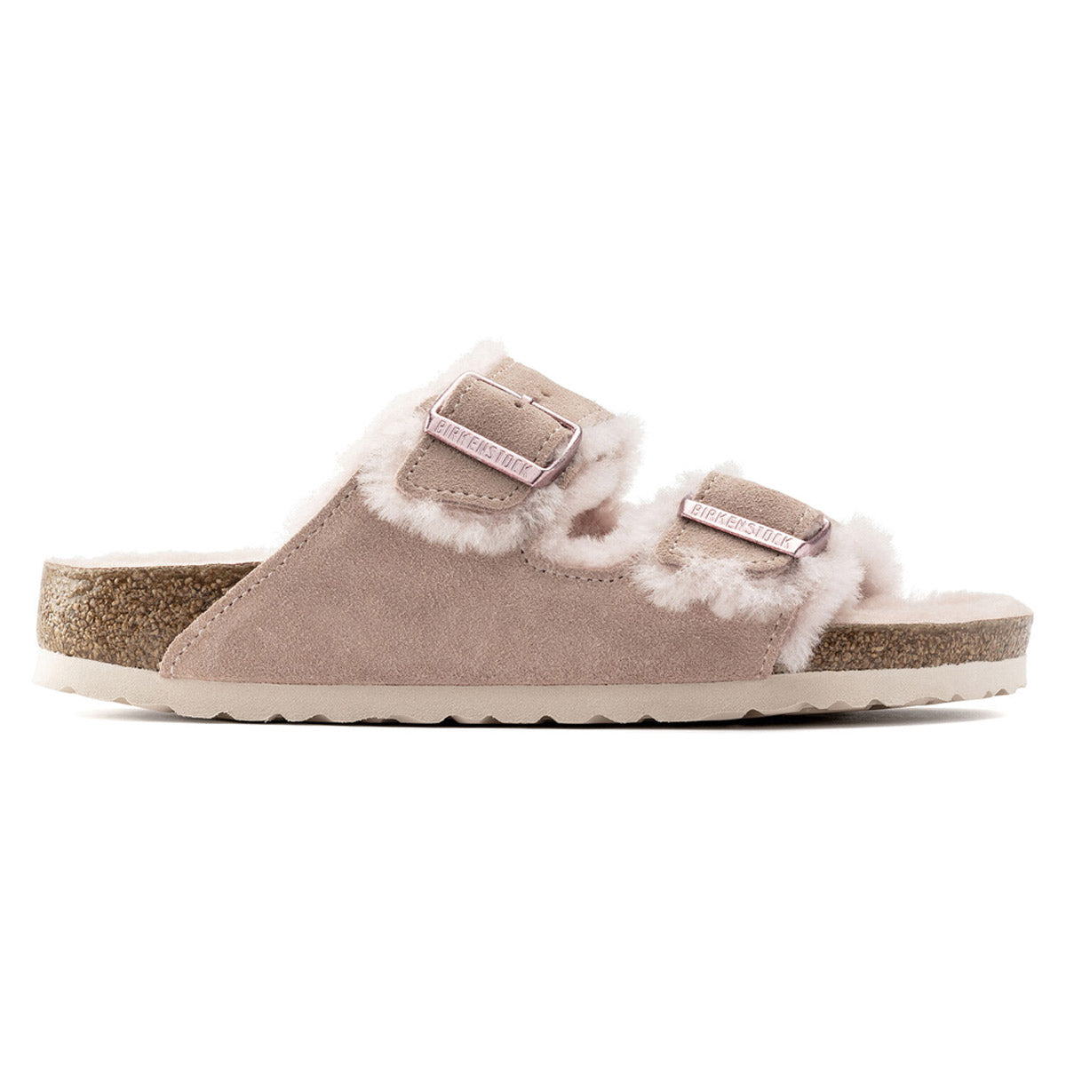 Genuine suede Birkenstock Arizona Shearling slipper with a cork-latex footbed, featuring fuzzy, strap-adjustable BIRKENSTOCK ARIZONA SHEARLING LIGHT ROSE - WOMENS upper on a white background.