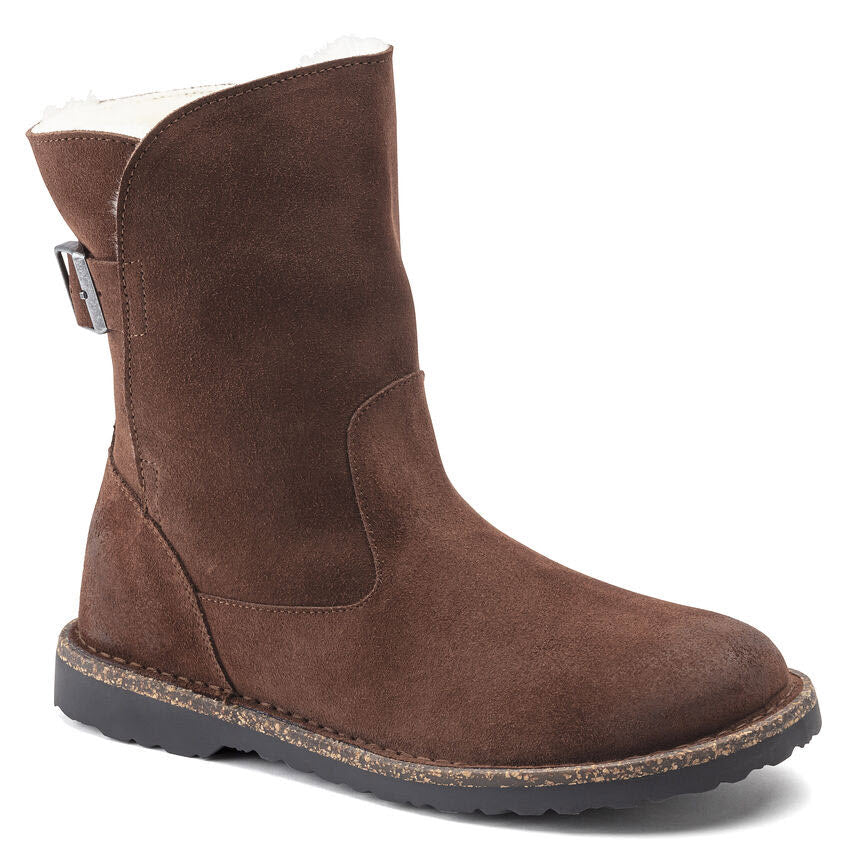 Brown Birkenstock Upsalla Shearling winter boot with synthetic fur lining on a white background.
