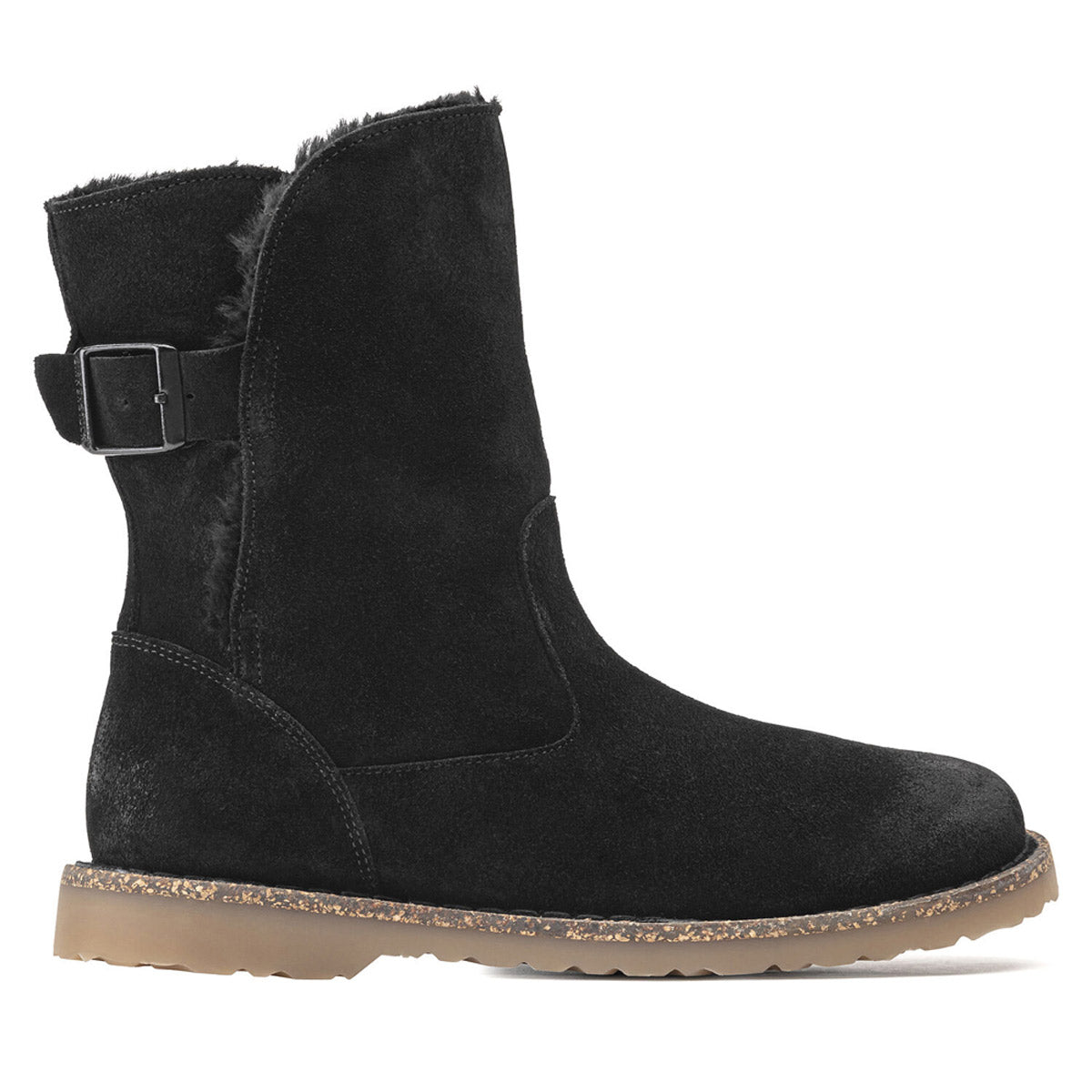 Side view of a black Birkenstock Upsalla Shearling boot with a buckle and fur lining.