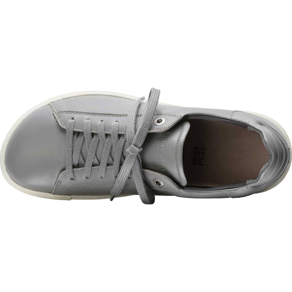 A single Birkenstock Bend Gray Leather Women&#39;s Sneaker with laced up top view.