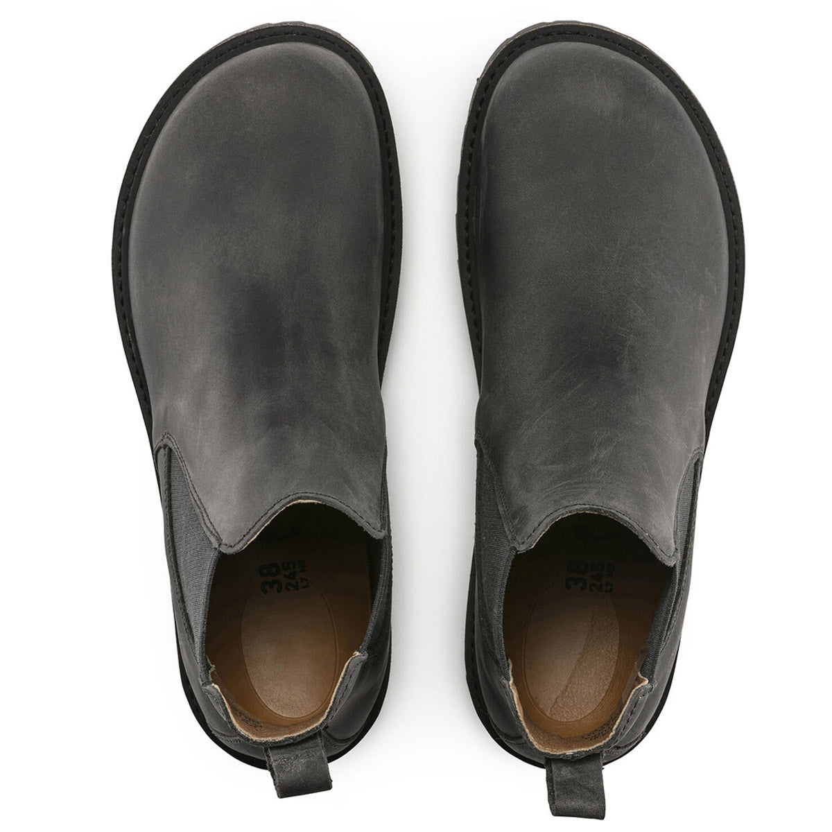 A pair of Birkenstock STALON GRAPHITE NUBUCK - WOMENS ankle boots viewed from above, crafted in oiled nubuck leather.