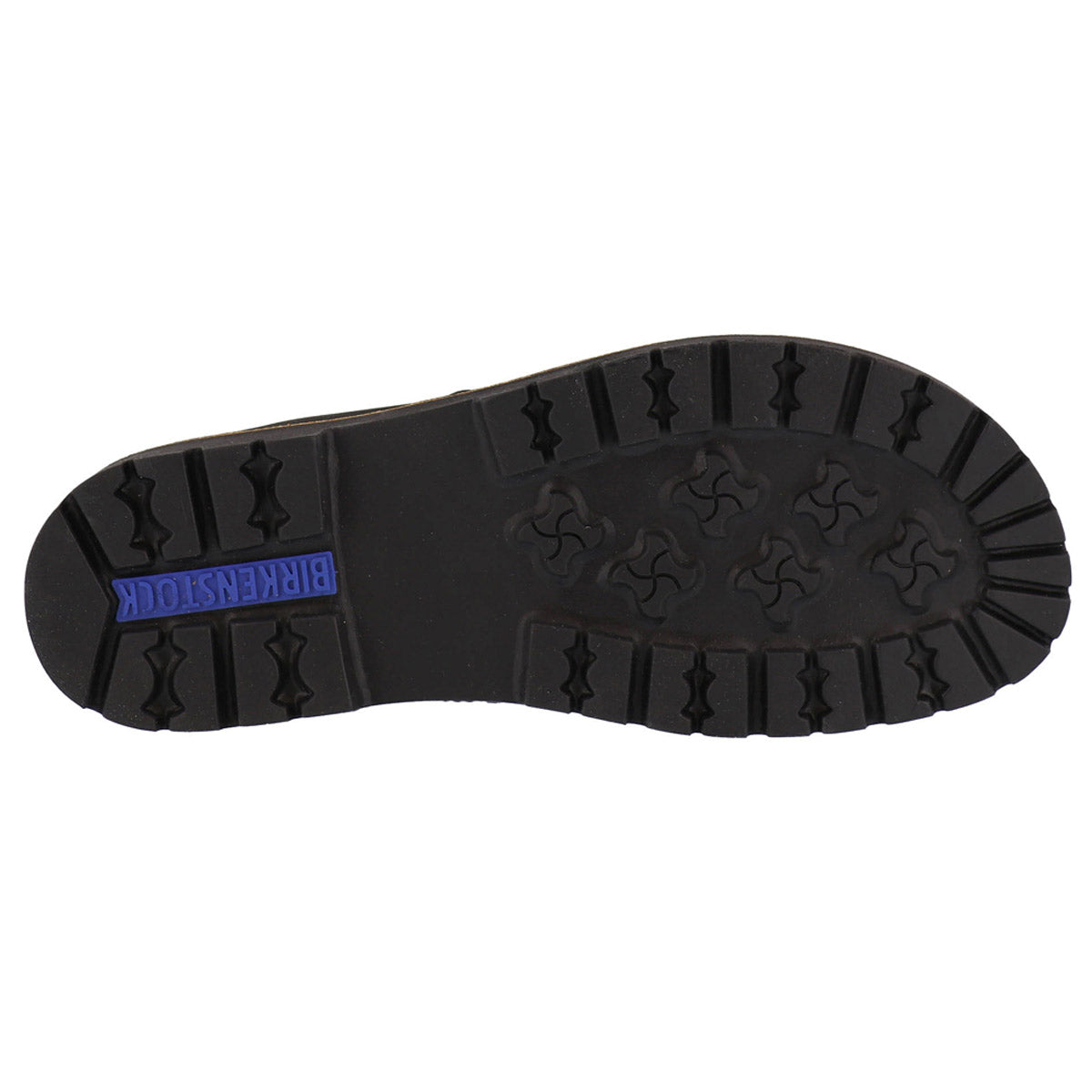 Black shoe sole with textured treads and a &#39;Birkenstock&#39; logo, featuring an oiled nubuck leather upper.
