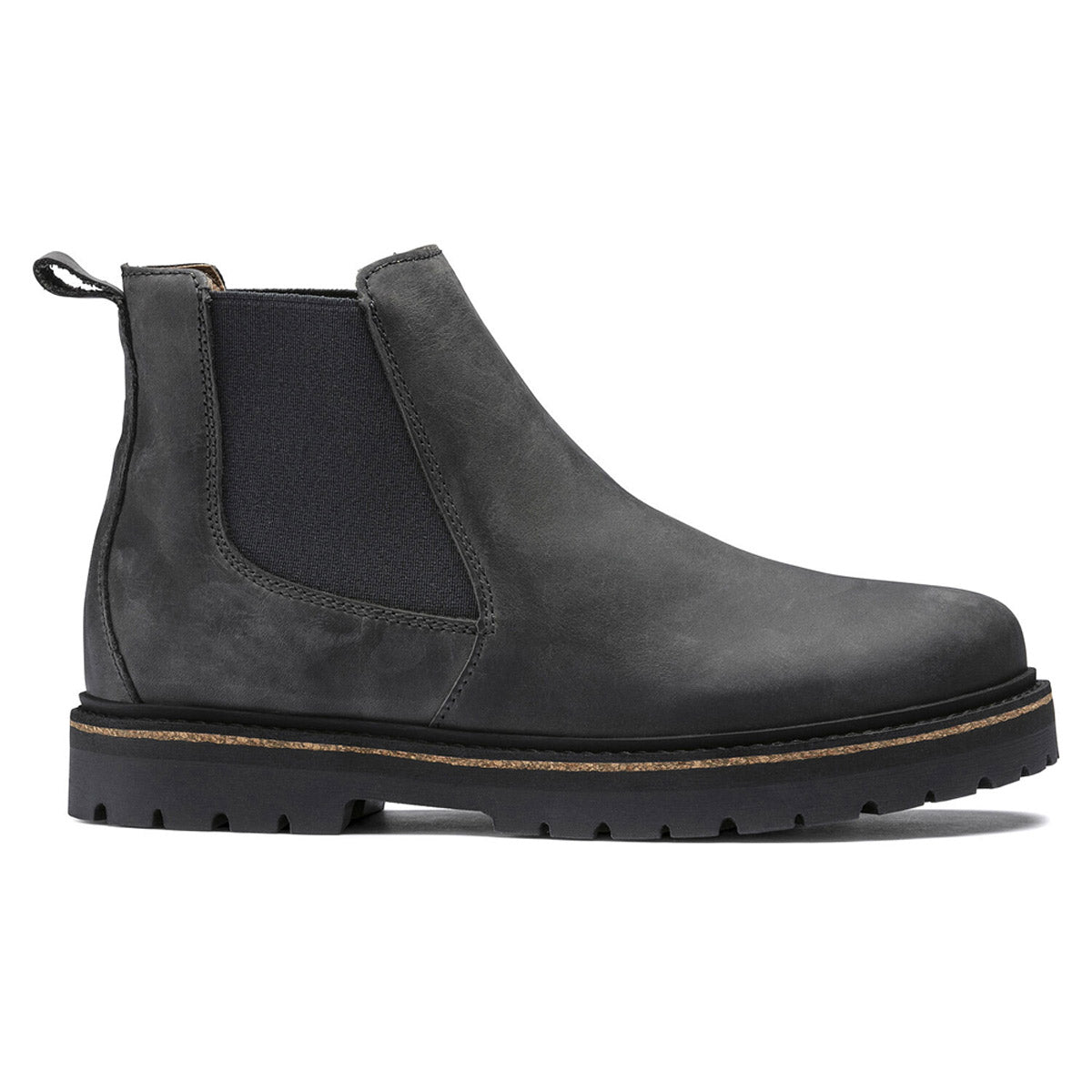 A single Birkenstock Stalon Graphite Nubuck - Womens leather Chelsea boot with elastic side panels, a cork-latex footbed, and a chunky sole.