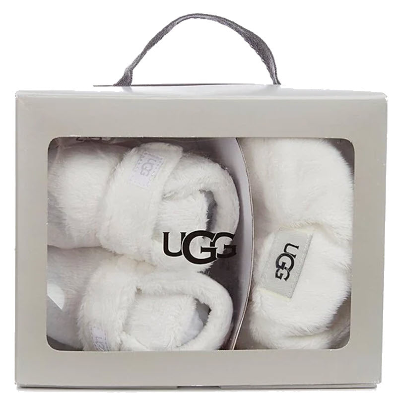 A pair of UGG Bixbee and Beanie Blanc de Blanc booties packaged in a Ugg branded display box.