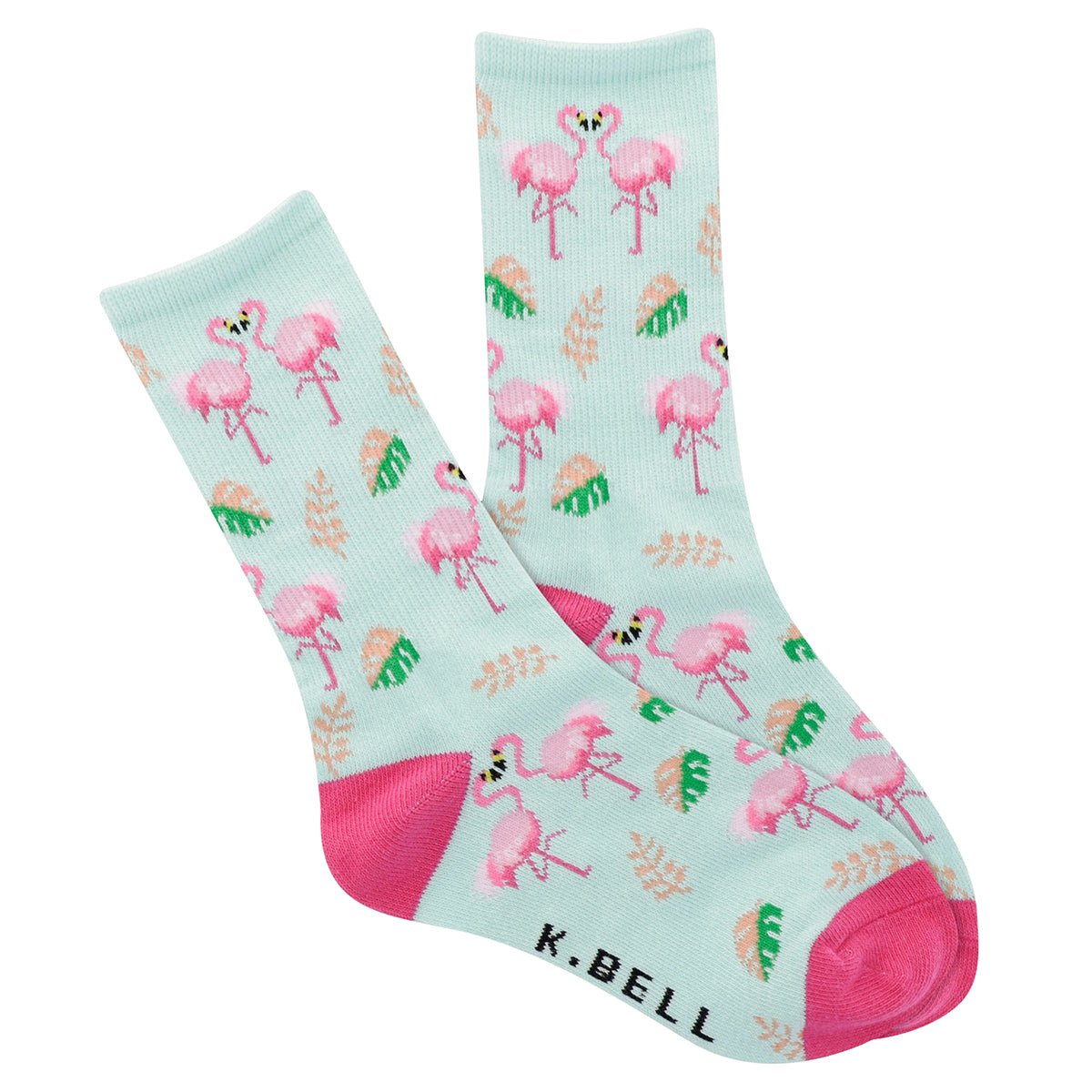 A pair of K. Bell Socks Kids Crew Flamingo Love, with a flamingo pattern on a light blue background, designed as crew socks.