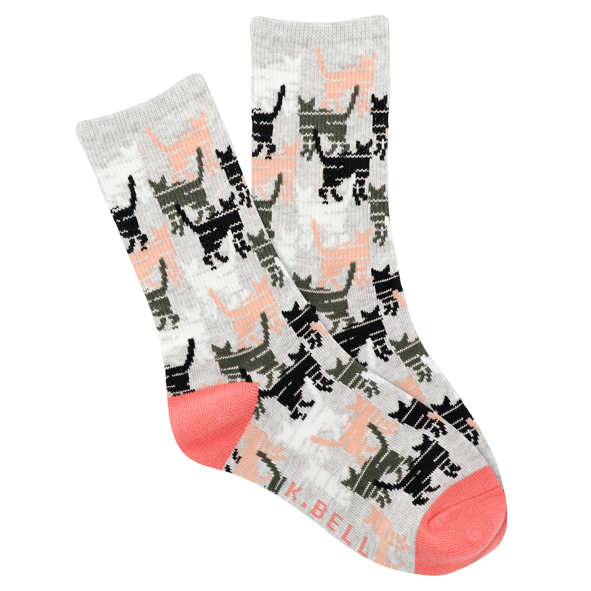 A pair of K. Bell Socks Kids Crew Kitty Camo camouflage-patterned crew socks with coral toe and heel accents.