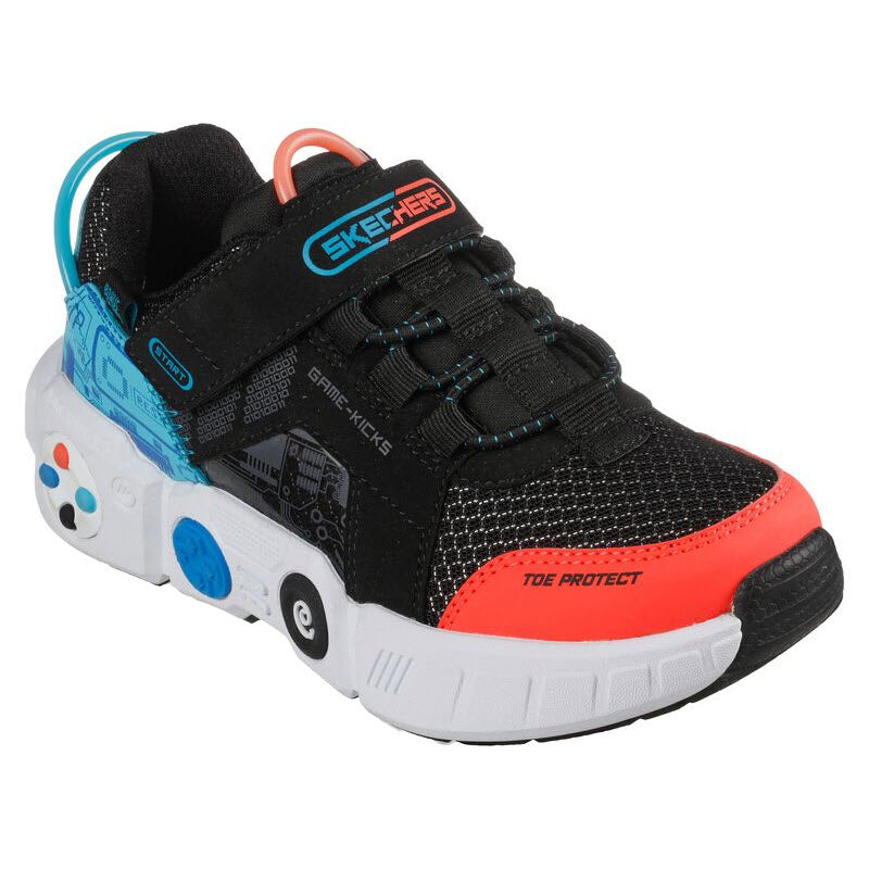 Black and red children&#39;s Skechers Gametronix sneaker with video game controller-inspired design details and a durable rubber traction outsole.