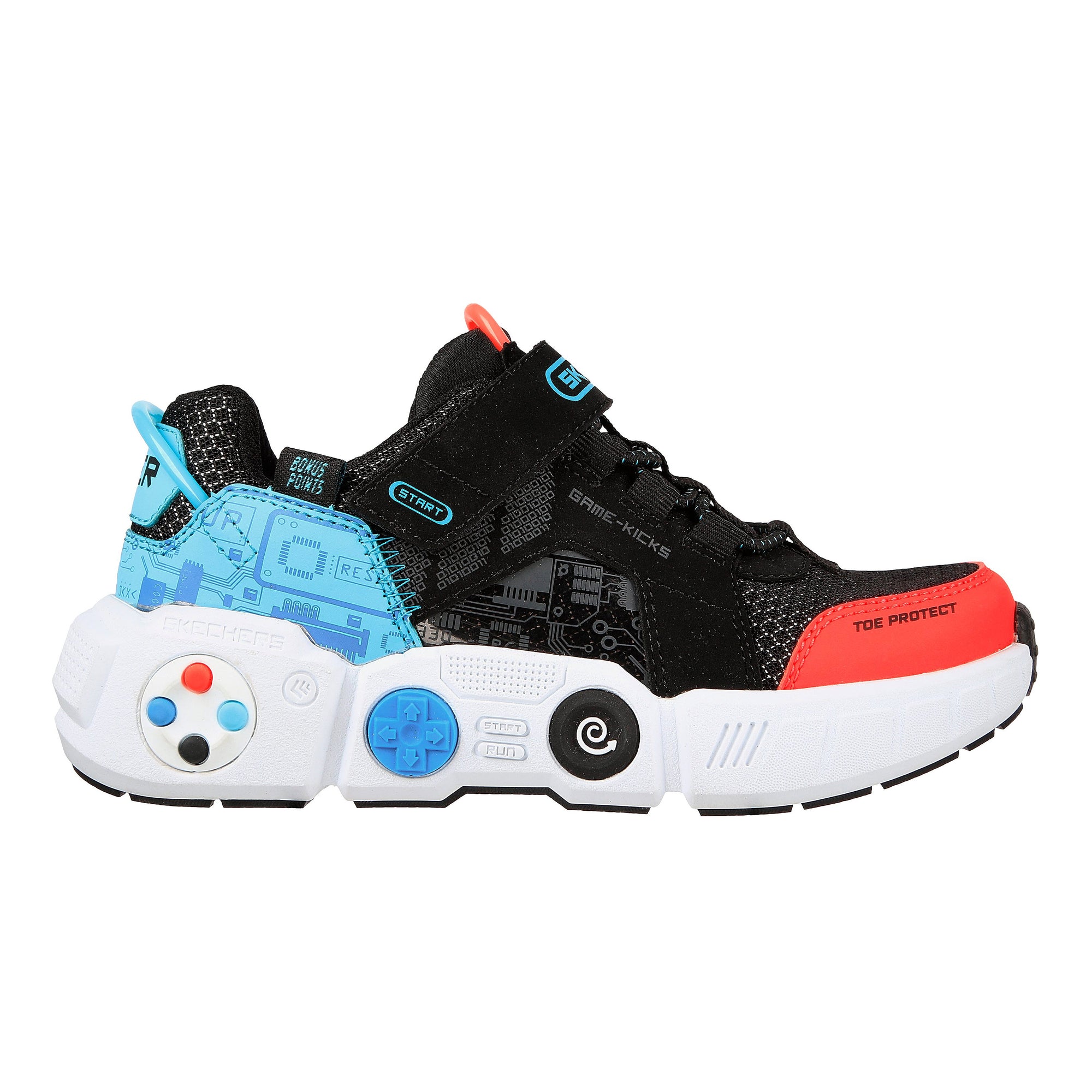 A black sneaker with a white sole and colorful design accents, featuring circuitry and gaming-inspired graphics from the Skechers Gametronix Black Multi - Kids collection, offering a durable rubber traction outsole.