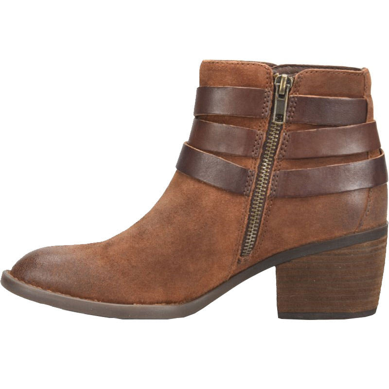 Born Payton Rust Tobacco distressed suede leather brown ankle boot with straps and a side zipper.