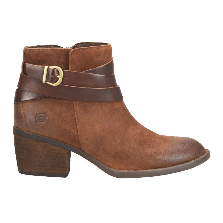 Born Payton Rust Tobacco distressed suede leather ankle boot with a buckle strap and Leawood stacked heel.
