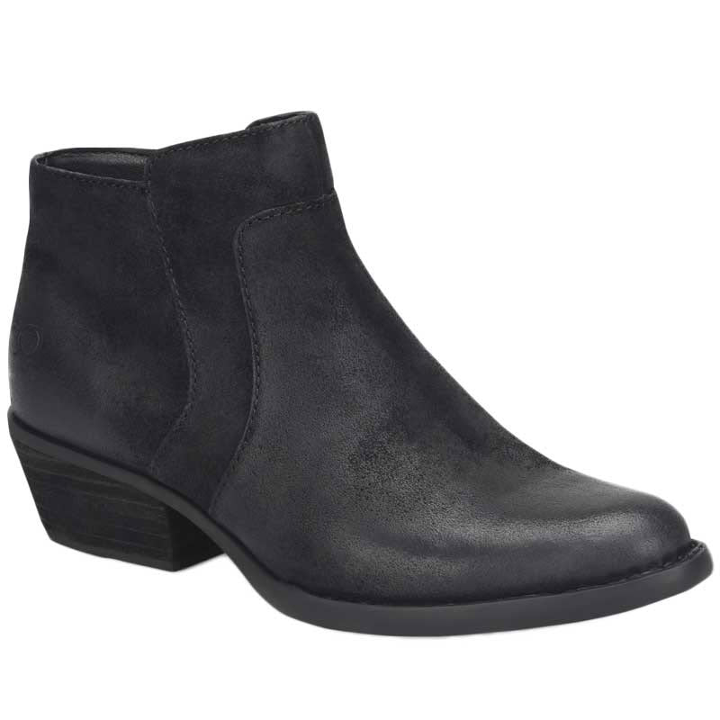 Born black suede leather booties with a low heel and rubber outsole.