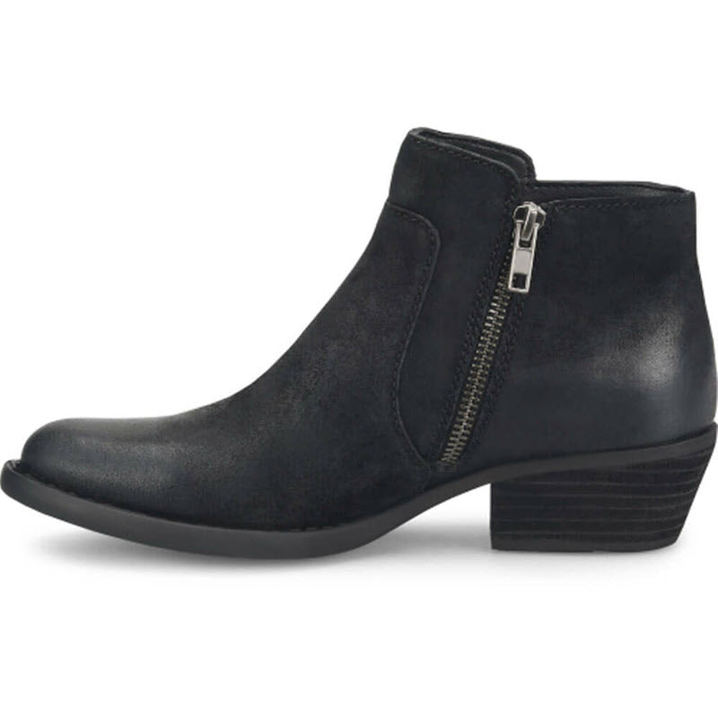 Born black suede leather ankle booties with a side zipper, a low heel, and a cushioned footbed.