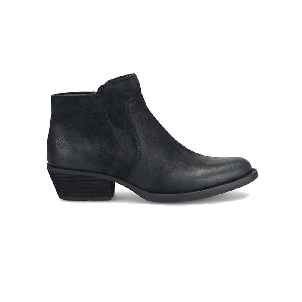 Born black suede leather ankle boot with a low heel and a cushioned footbed.