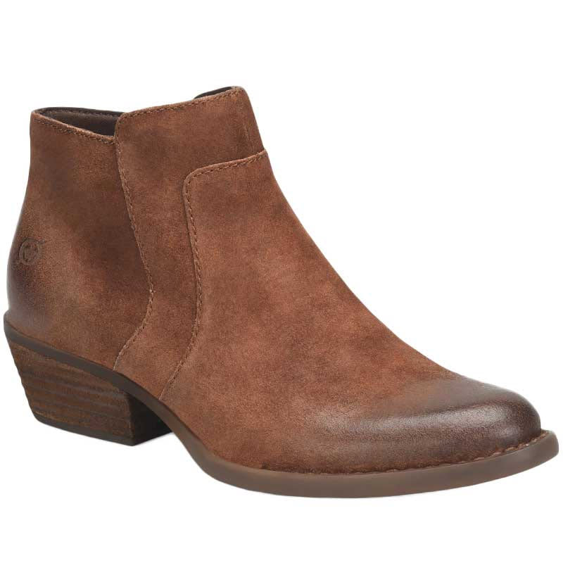 Born McKenzie Rust Tobacco suede leather ankle boot with a low heel.