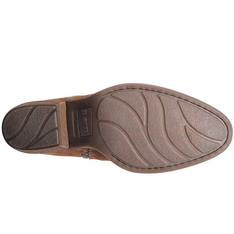 Bottom view of a BORN MCKENZIE RUST TOBACCO - WOMENS suede leather booties showcasing the tread pattern on the rubber outsole by Born.