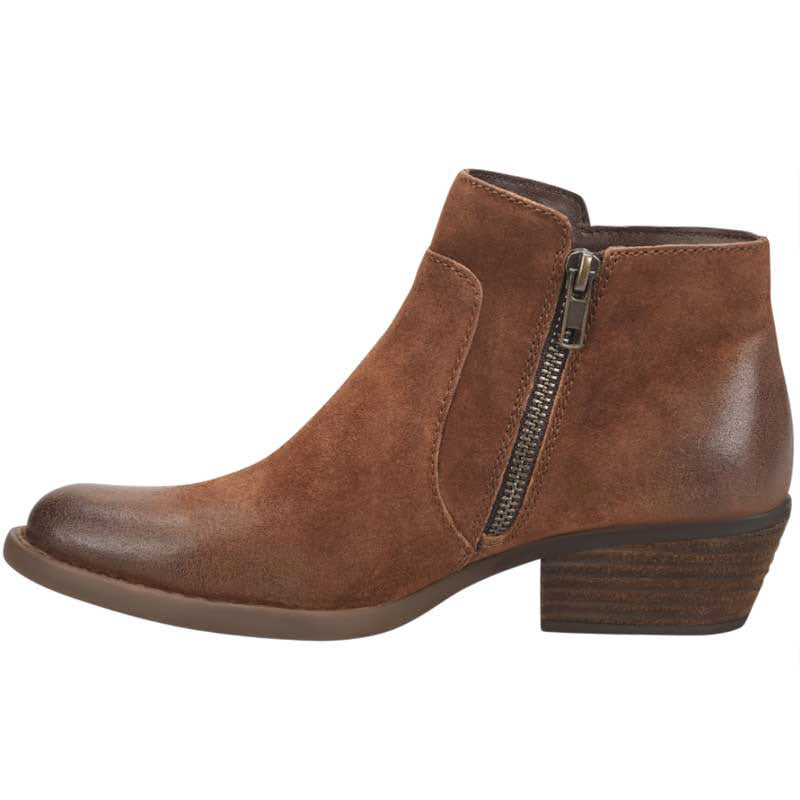 Born brown suede leather booties with a side zipper and rubber outsole.