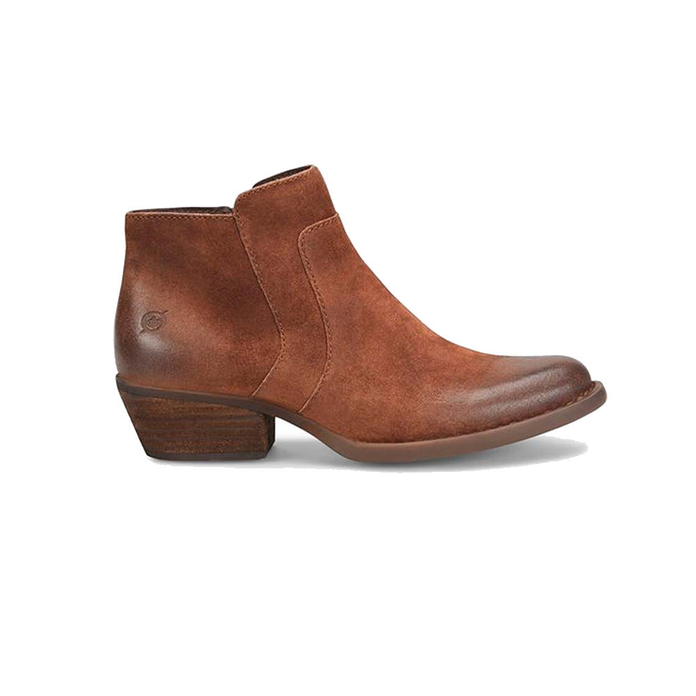 A single Born McKenzie Rust Tobacco suede leather ankle boot against a white background.