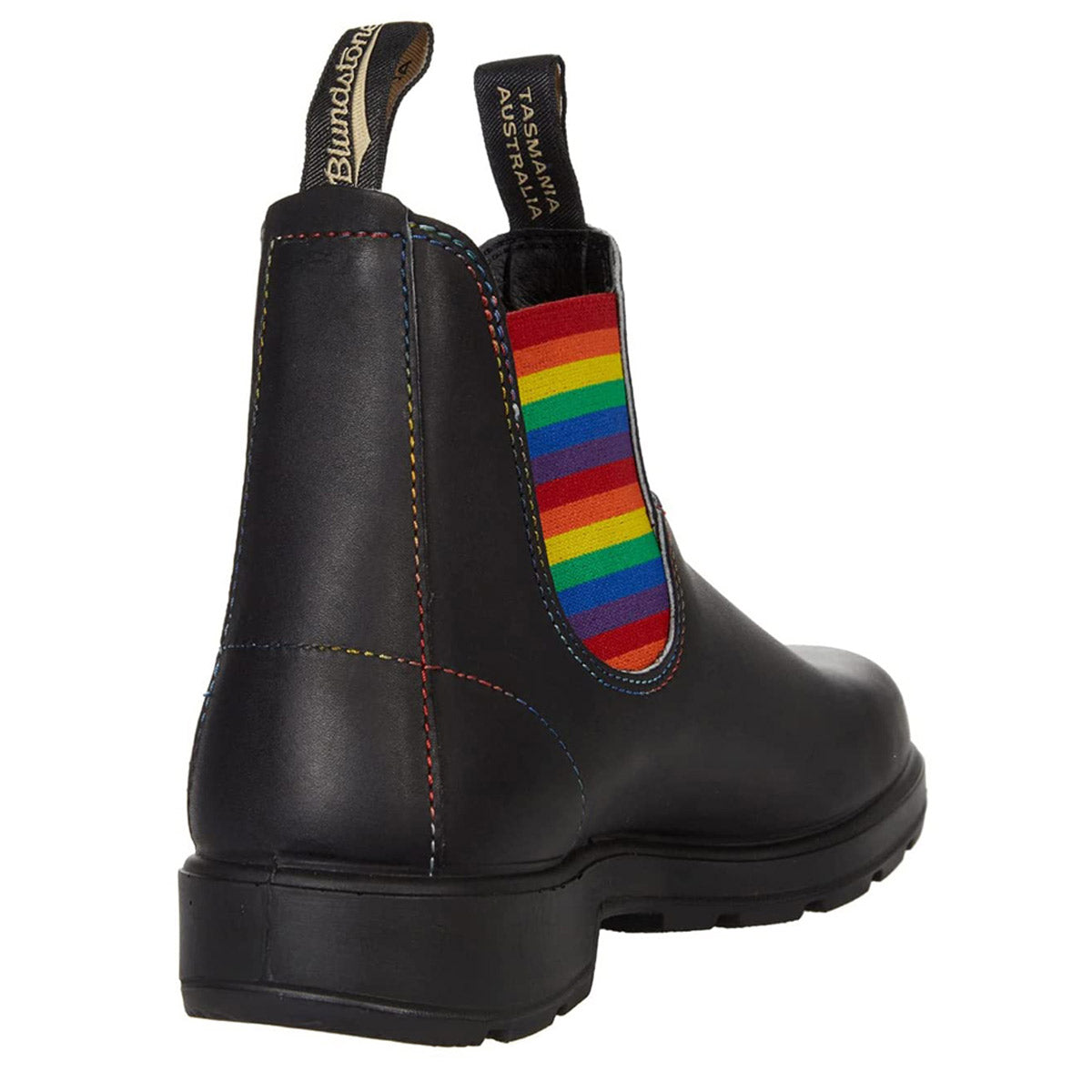 A Blundstone Original 500 series boot with rainbow-colored elastic side panels celebrating the LGBTQIA+ community.