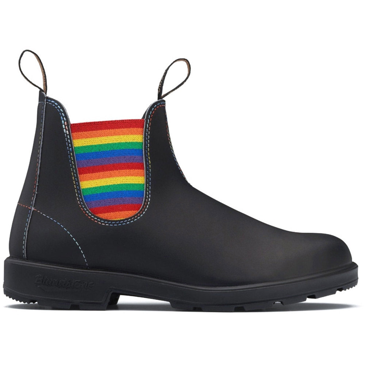 Blundstone Original 500 Series black/rainbow Chelsea boots celebrating the LGBTQIA+ community.