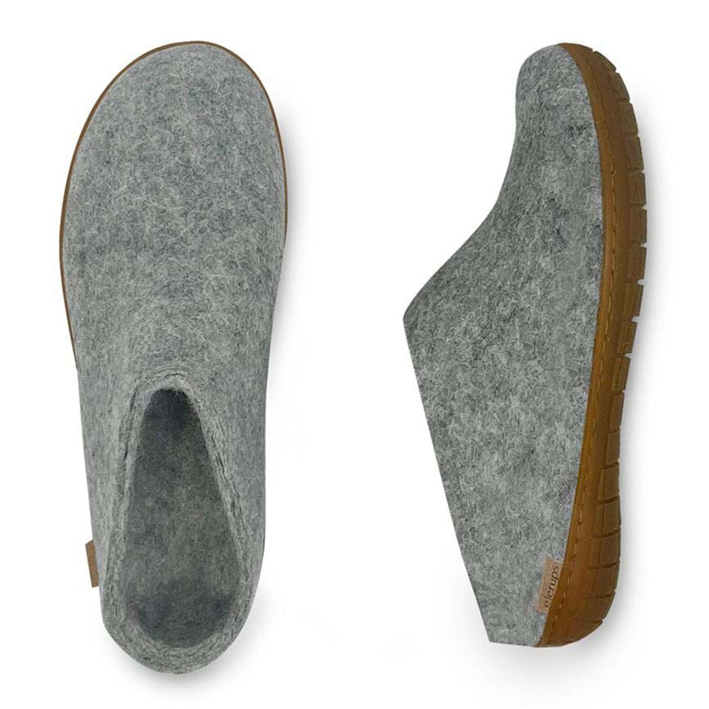 A pair of Glerups Slip On Rubber Soled Honey Grey felt slippers with rubber soles, viewed from above.