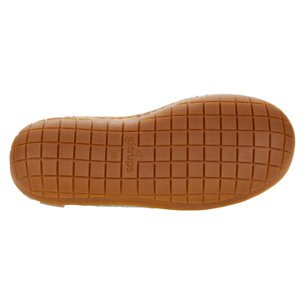 Sole of a Glerups slip on rubber soled honey grey indoor shoe with a grid pattern tread and embossed brand logo.