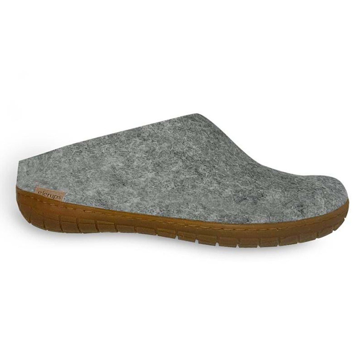 A Glerups slip on rubber soled honey grey slipper with a brown sole on a white background.