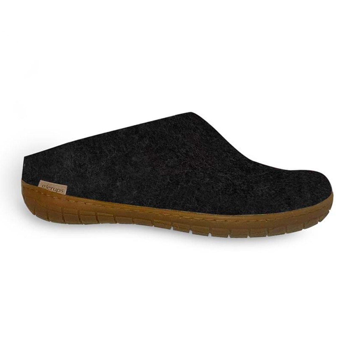 Black clog-style GLERUPS THE SLIP-ON RUBBER HONEY CHARCOAL slipper with a rubber sole.