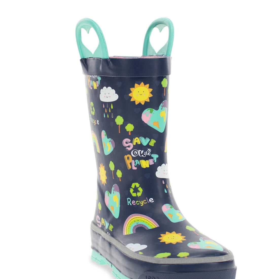 Children&#39;s waterproof rain boots with colorful print, featuring environmental-themed designs on a white background WESTERN CHIEF SAVE OUR PLANET NAVY - KIDS boots by Western Chief.
