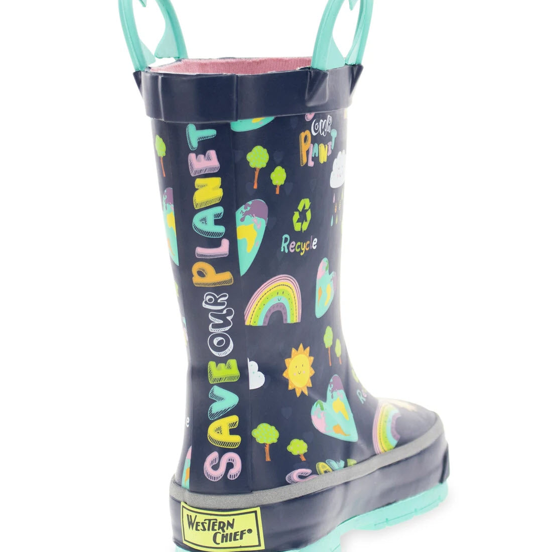 Children&#39;s WESTERN CHIEF SAVE OUR PLANET NAVY - KIDS rain boots with colorful environmental-themed illustrations on a white background.