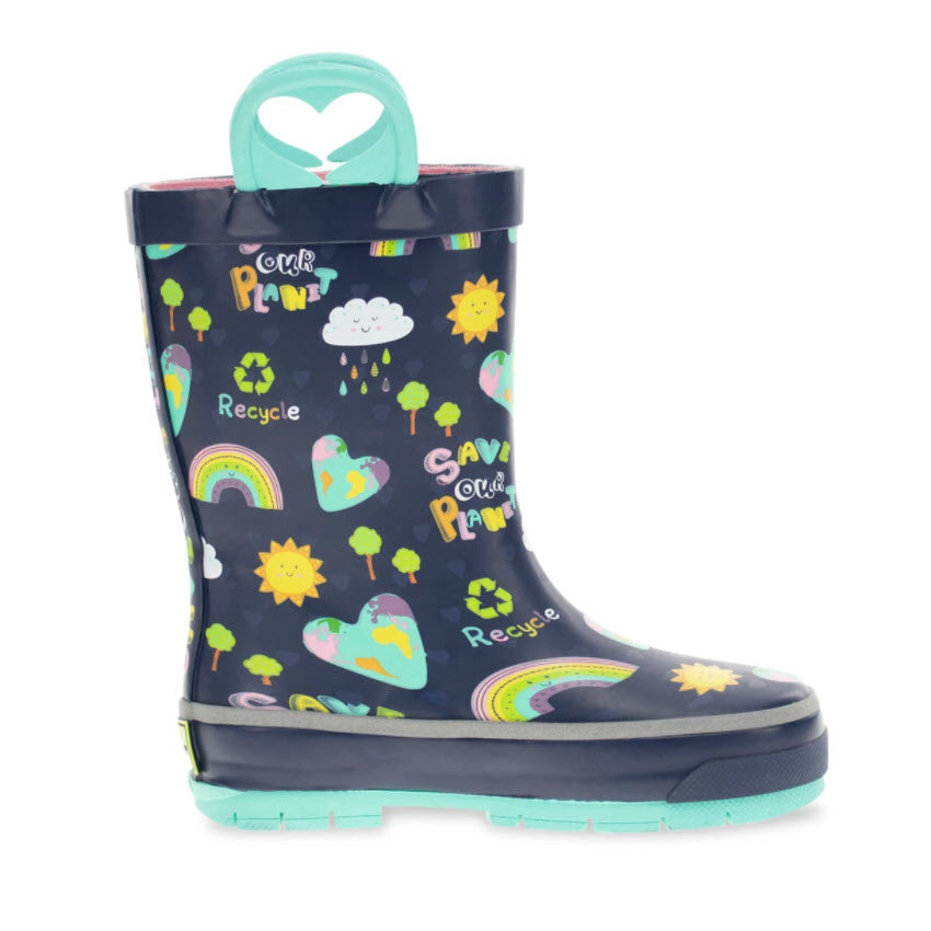 Children&#39;s WESTERN CHIEF SAVE OUR PLANET NAVY rain boots with colorful environmental-themed patterns on a white background, easy to clean.