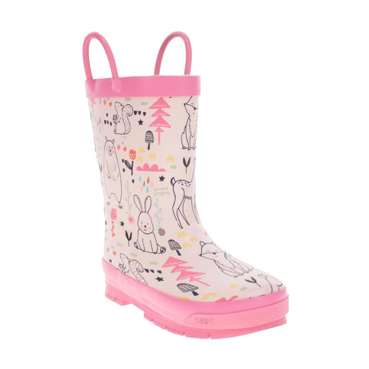 Children&#39;s pink waterproof rain boot with WESTERN CHIEF RUBBER BOOT FOREST DOODLE CREAM design.