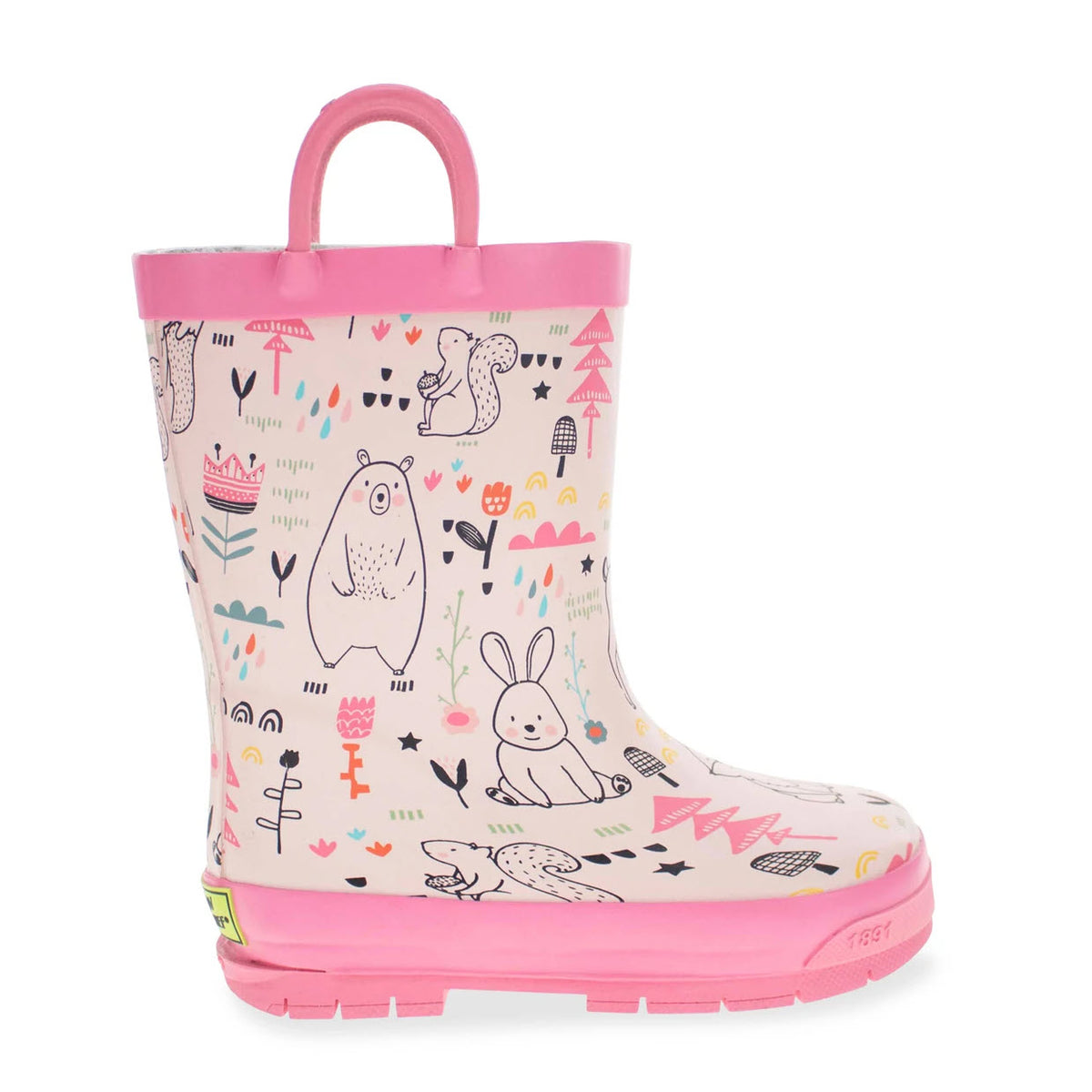 A child&#39;s WESTERN CHIEF RUBBER BOOT FOREST DOODLE CREAM - KIDS rain boot with animal and nature illustrations, featuring a doodle print.