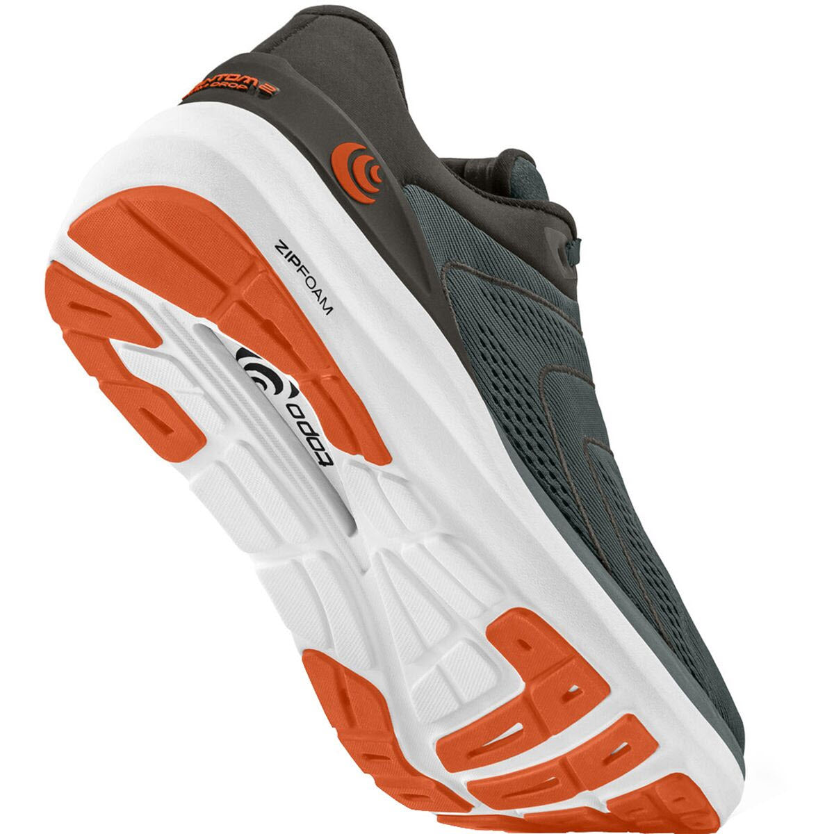 Side view of a gray and orange Topo Phantom 2 men&#39;s running shoe with a wider toe-box and white sole.