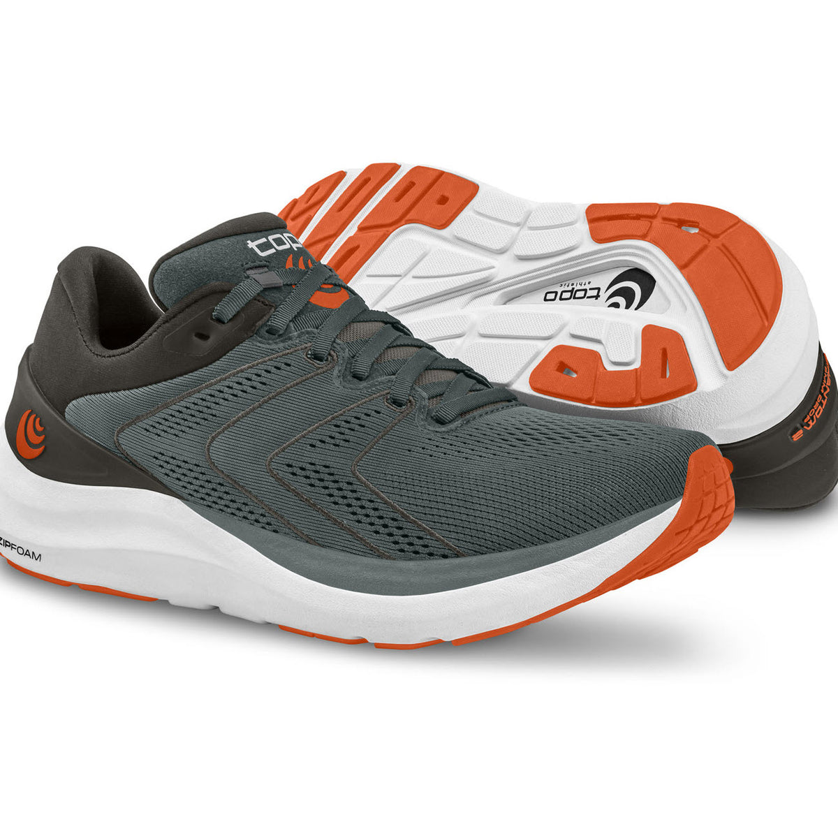 A pair of Topo Phantom 2 gray and orange running shoes with cushioned soles, designed as a daily training option and featuring a wider toe-box.