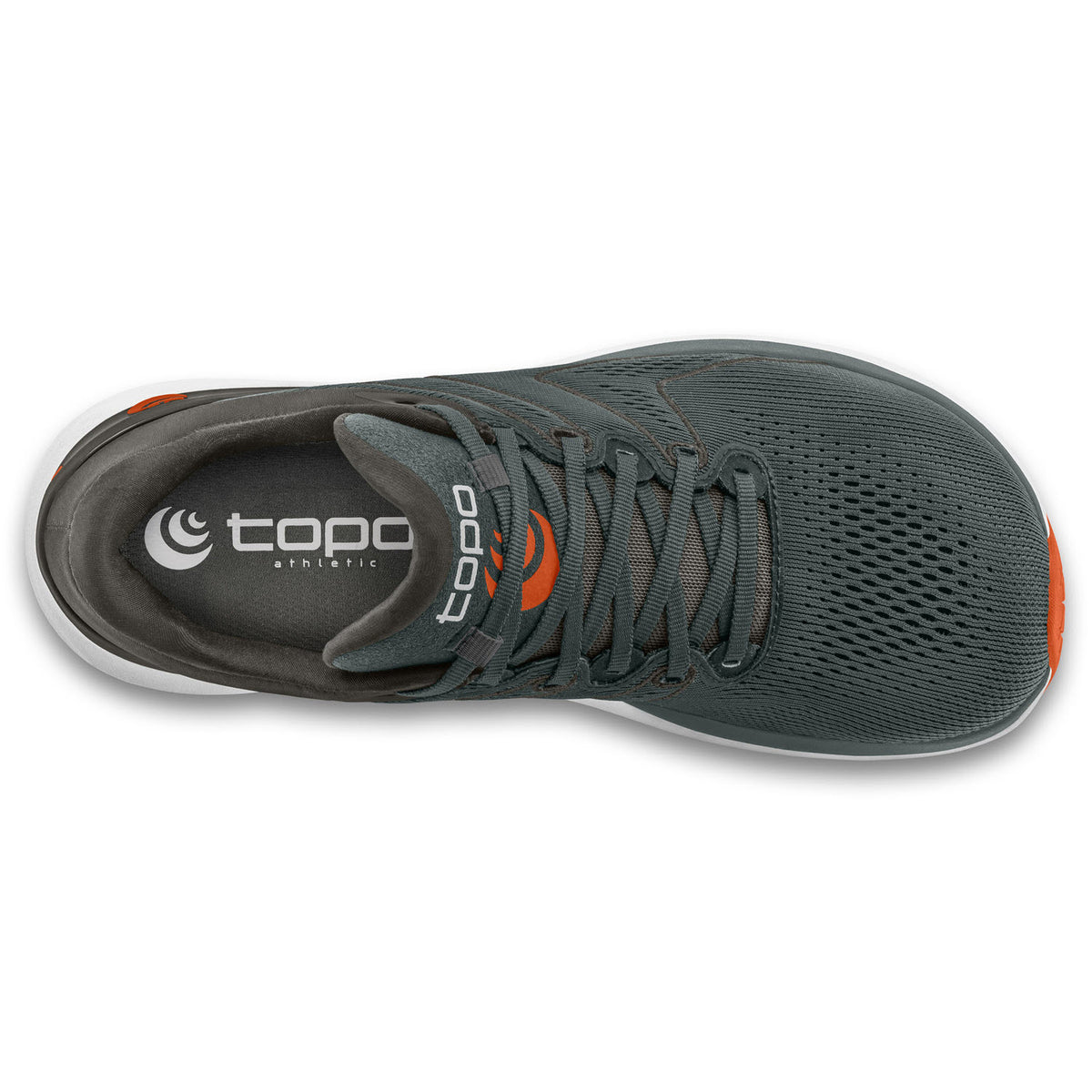 Top-down view of a single TOPO PHANTOM 2 grey/clay athletic running shoe with orange accents and a wider toe-box, designed as a daily training option.