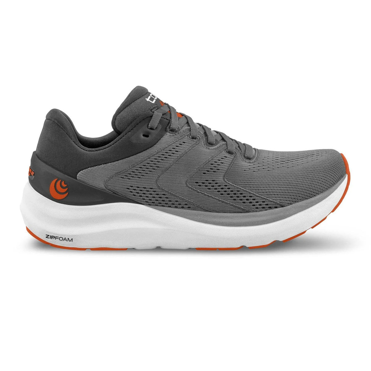 A single gray Topo Phantom 2 running shoe with orange accents and a white sole, designed as a daily training option featuring a wider toe-box.